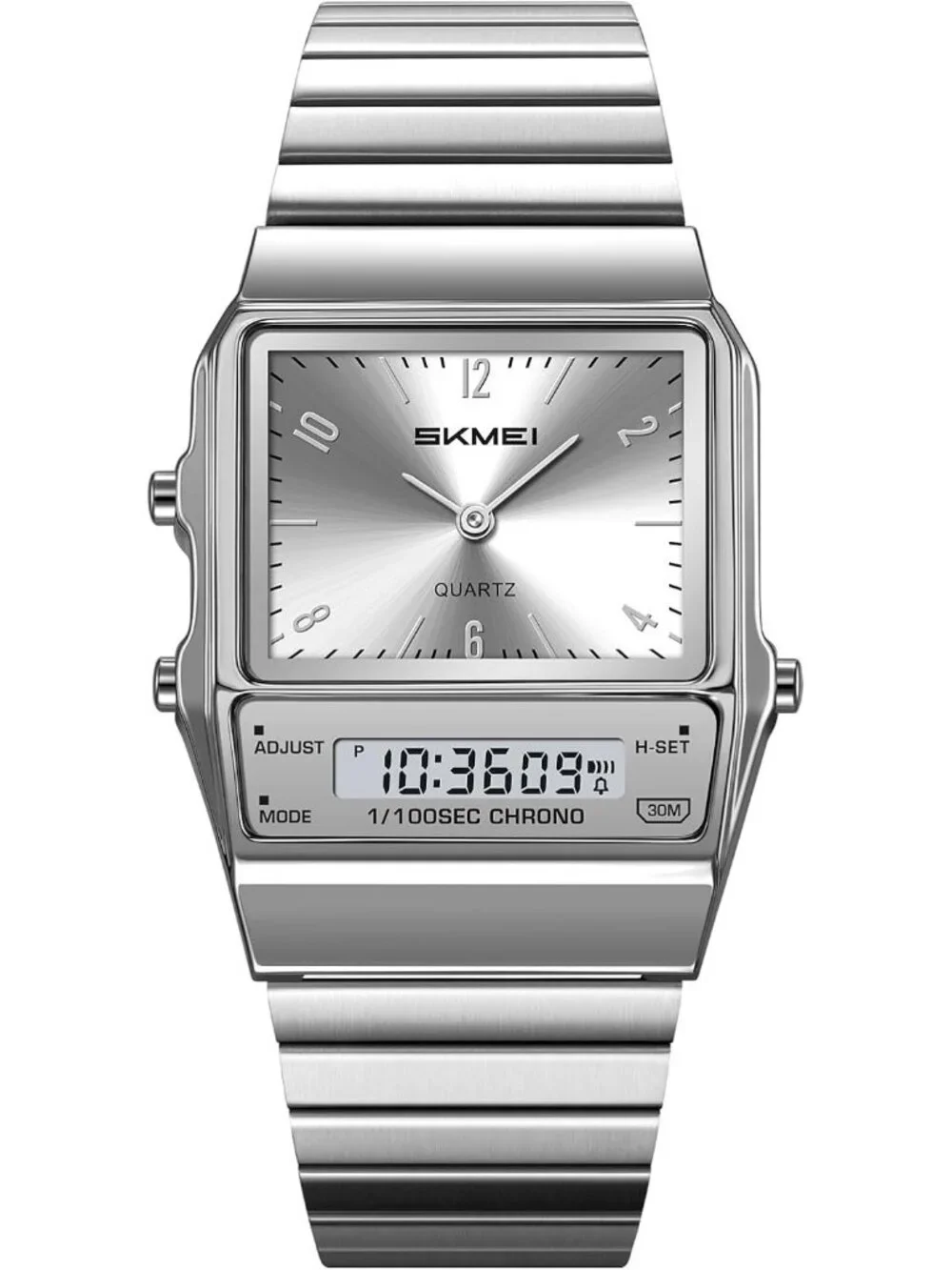 Unisex Silver Digital Analog Retro Square Stainless Steel Stopwatch Wrist Watch
